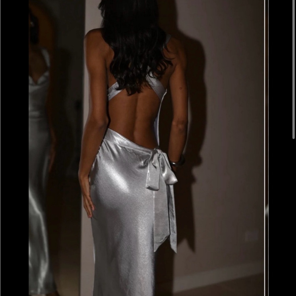 Meshki Silver Satin Backless Dress